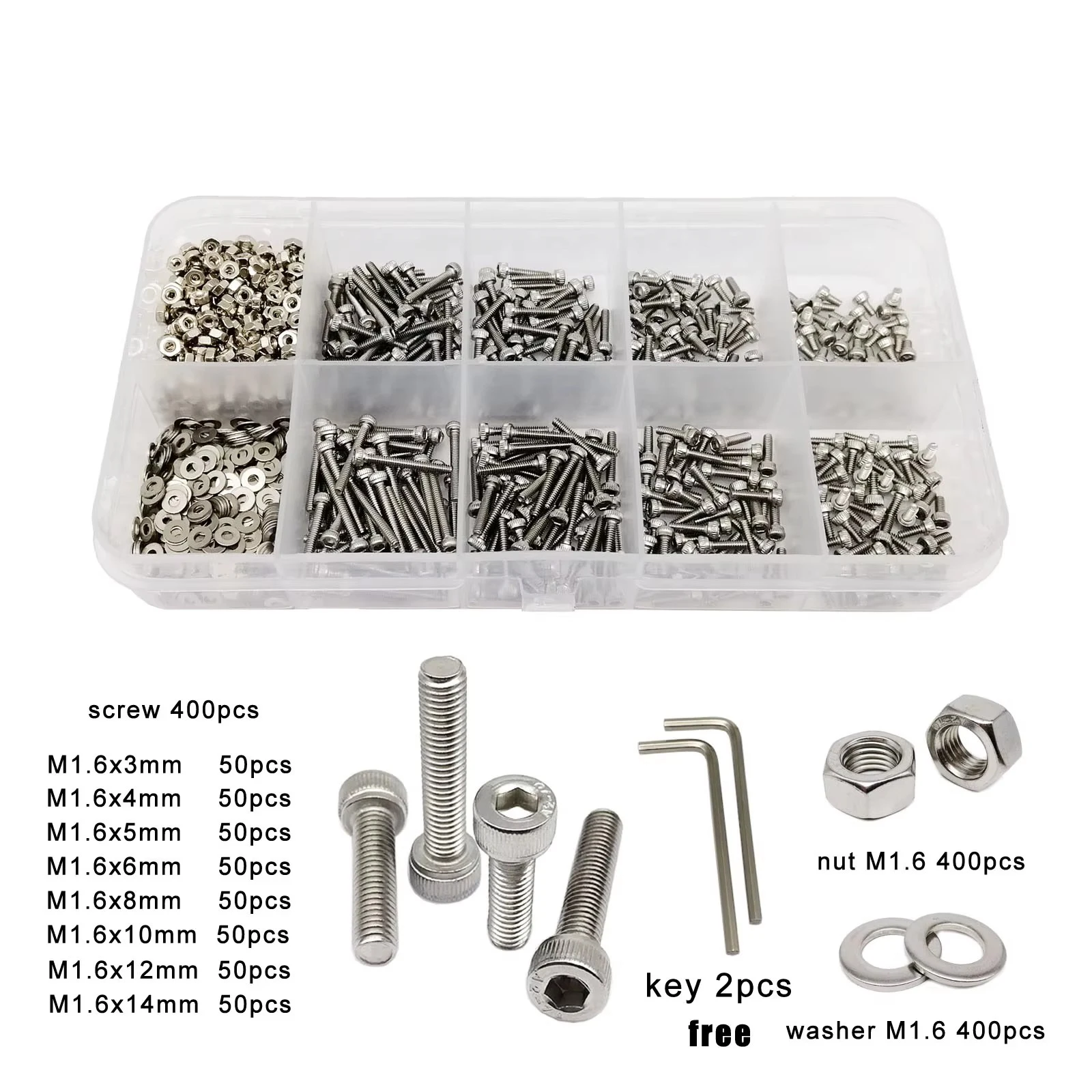 1 Box M1.6 M2 M2.5 M3 M4 M5 M6 M8 DIN912 304 A2 Stainless Steel Hex Hexagon Socket Allen Cap Head Screw Bolt Nut Assortment Kit
