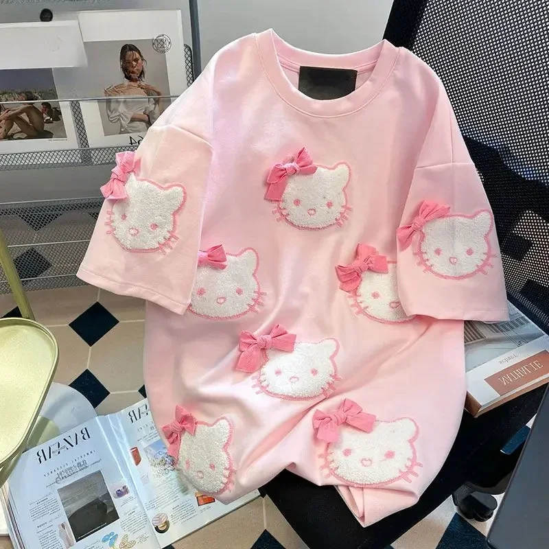 Kawaii Flocked Pink HelloKitty Short Sleeve T-shirts for Women Sanrio Summer Sweet Girl Loose Design Top Ins Style Clothing gift