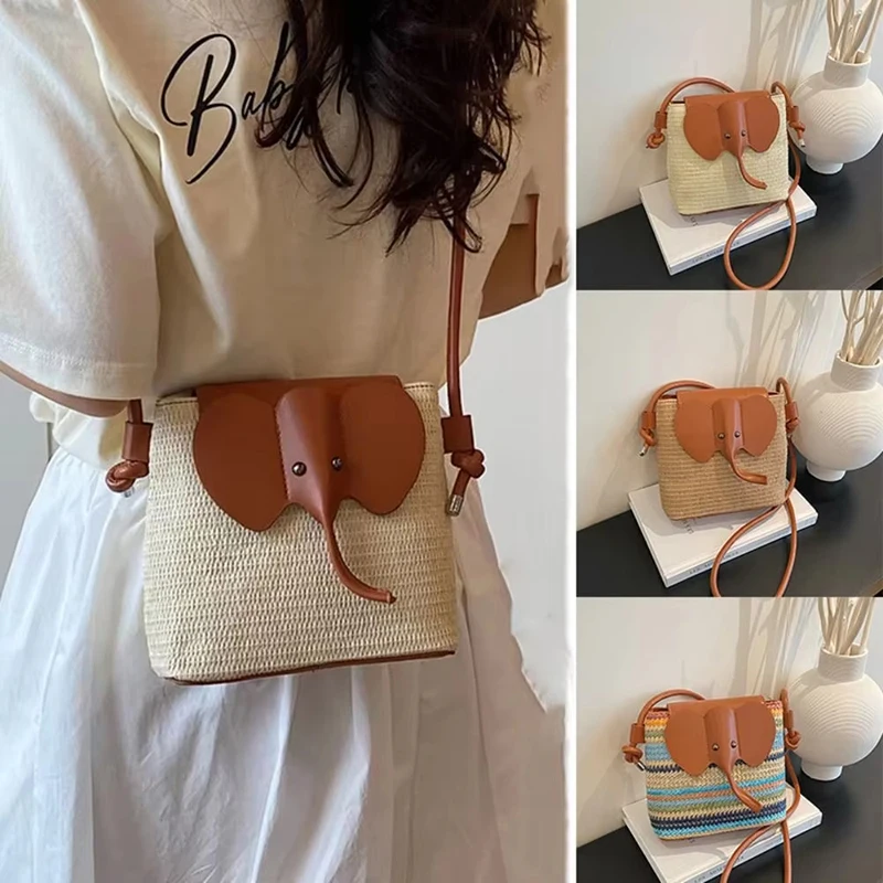 Funny Elephant Colorful Woven Shoulder Bag,summer Bohemian Animal-shaped Woven Bucket Bag Women' Woven Beach Crossbody Handbag