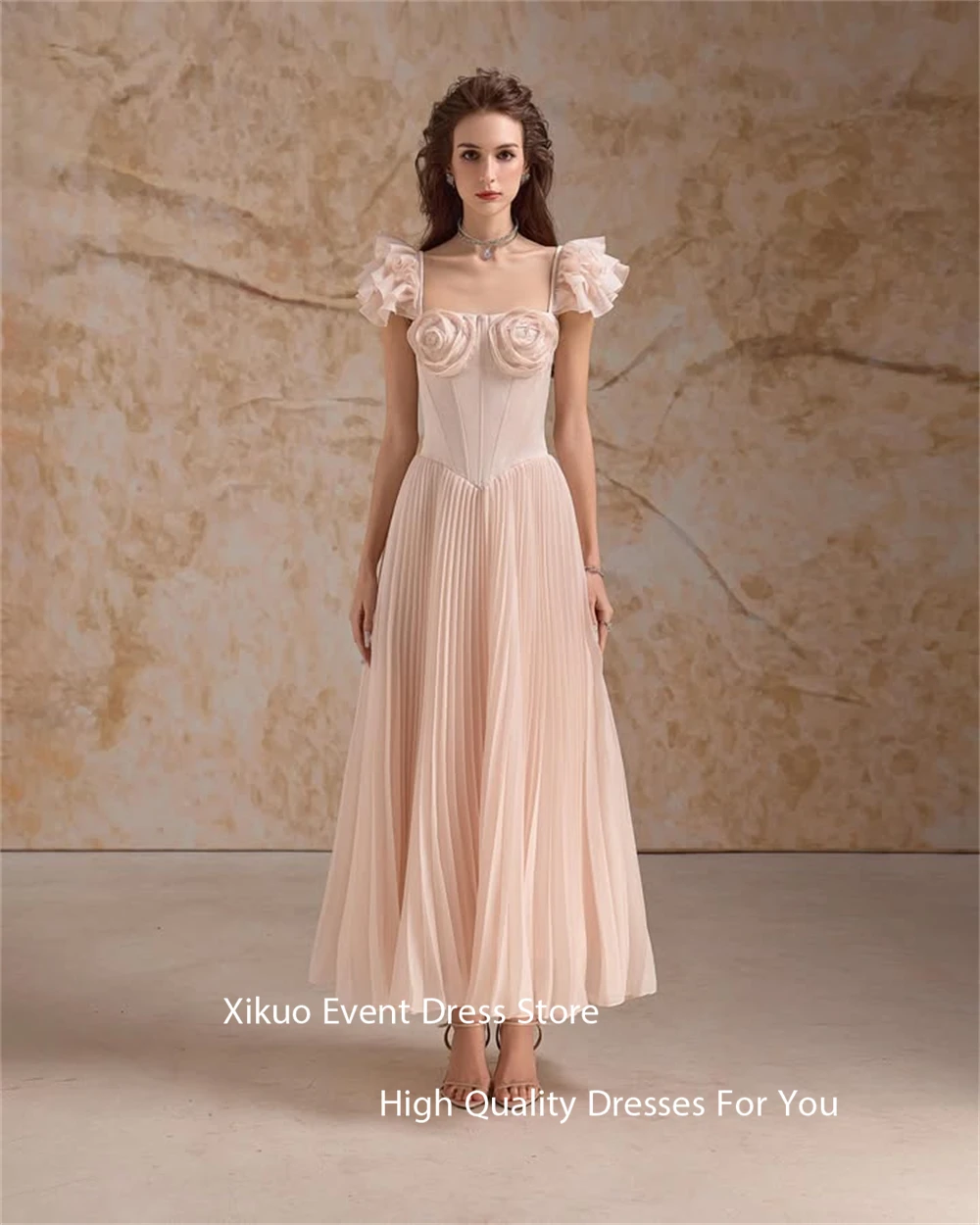 Xikuo fada rosa chiffon vestidos de noite uma linha pescoço quadrado sukienki wieczorowe damskie princesa vestidos de festa plissados personalizados