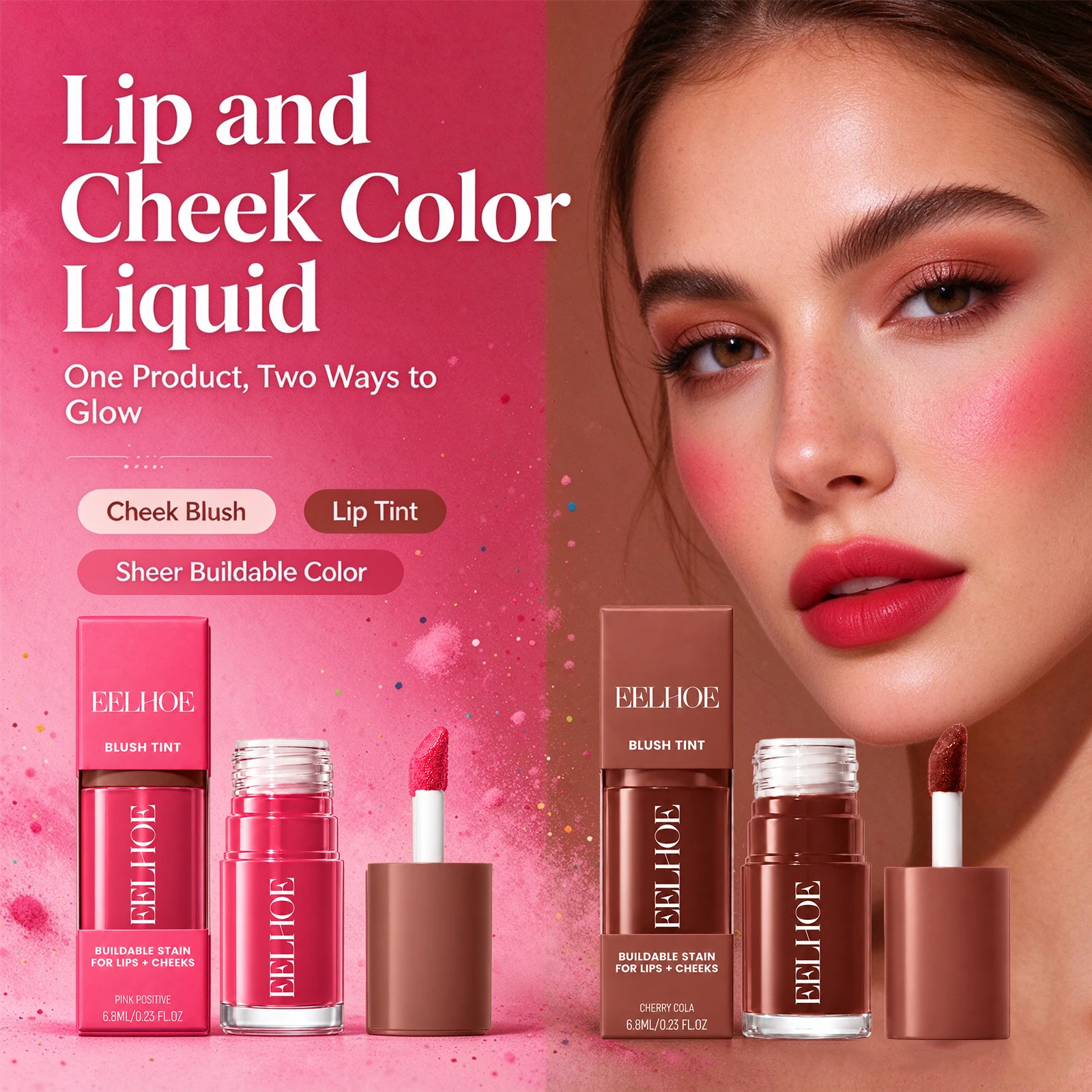 Multi Use Lip and Cheek Tint Sheer Finish Blendable Long Lasting Natural Look Cherry Cola Pink Smoothing Natural Makeup 6.8ml
