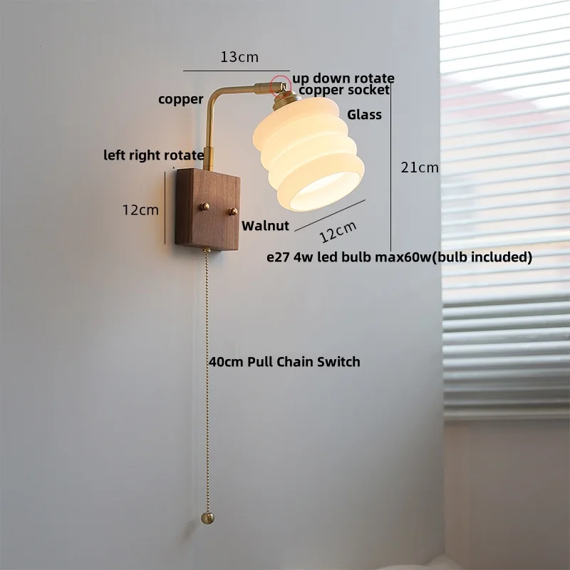 IWHD Pull Chain Switch LED Wall Lights Dining Room Bedroom Wood Walnut Rotatable Nordic Modern White Glass Bedside Lamp Sconce