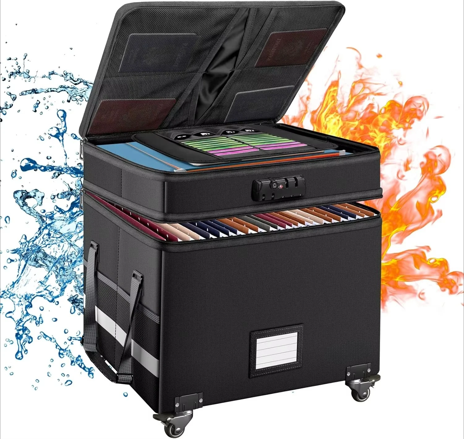 

Innovative design with Lock, Multi-Layer Fireproof Document Box with Wheels,Collapsible Rolling File Storage Organizer Box