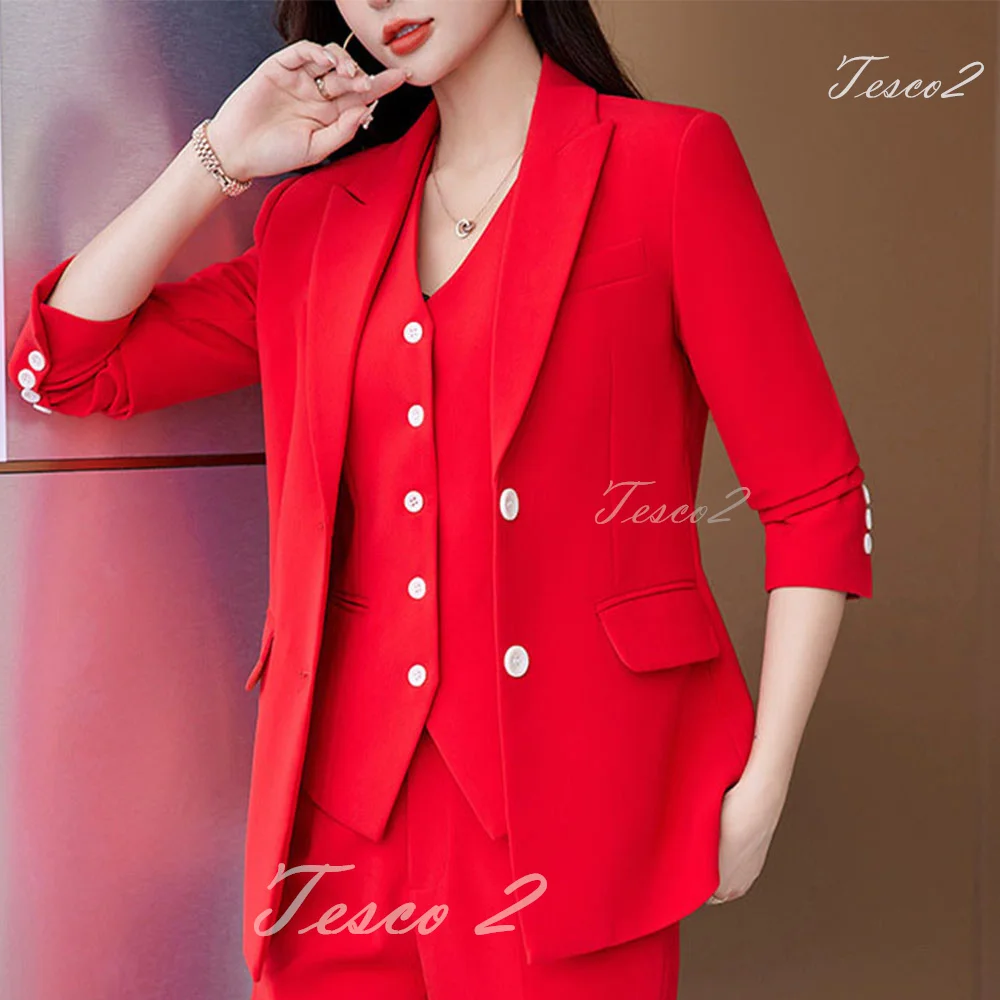 Tesco Royal Blue Suit For Women Work Wear Blazer+Vest+Pants 3 Piece Solid Formal Outfits For Office Lady Company Party