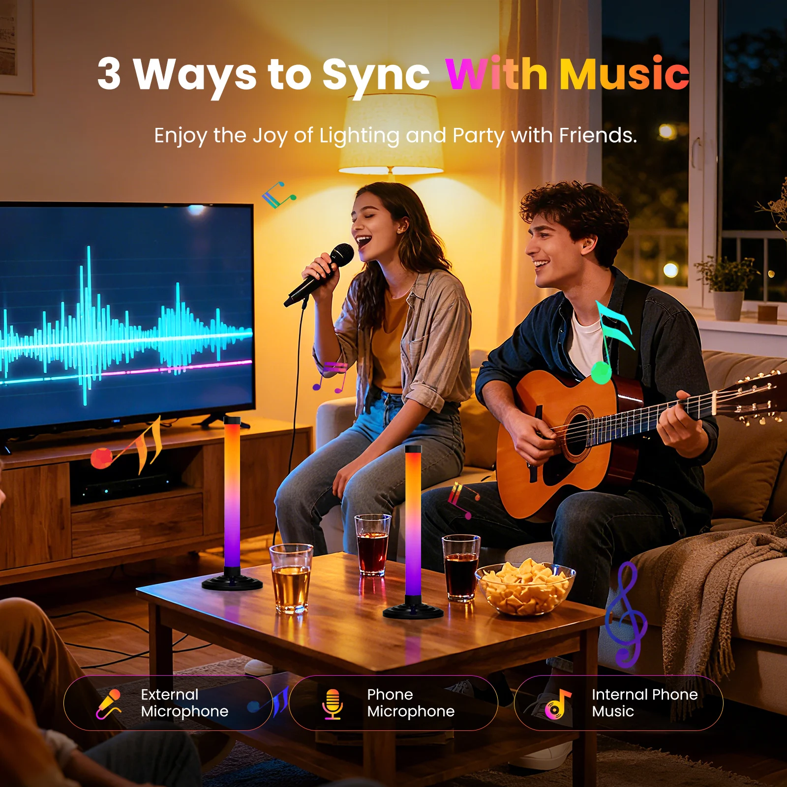 USB RGBIC عمود إضاءة LED ضوء الذكية بلوتوث الموسيقى الديناميكية مزامنة الإضاءة المحيطة الألعاب الكمبيوتر تلفزيون غرفة ديكور الموقت عن بعد باهتة مصباح بار