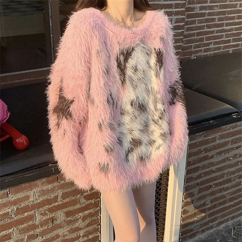 Korean Fashion Faux Mink Cashmere Sweater Women New Black Pink Color Spotted Dog Print Loose Thick Long Sleeve Y2K Pullovers