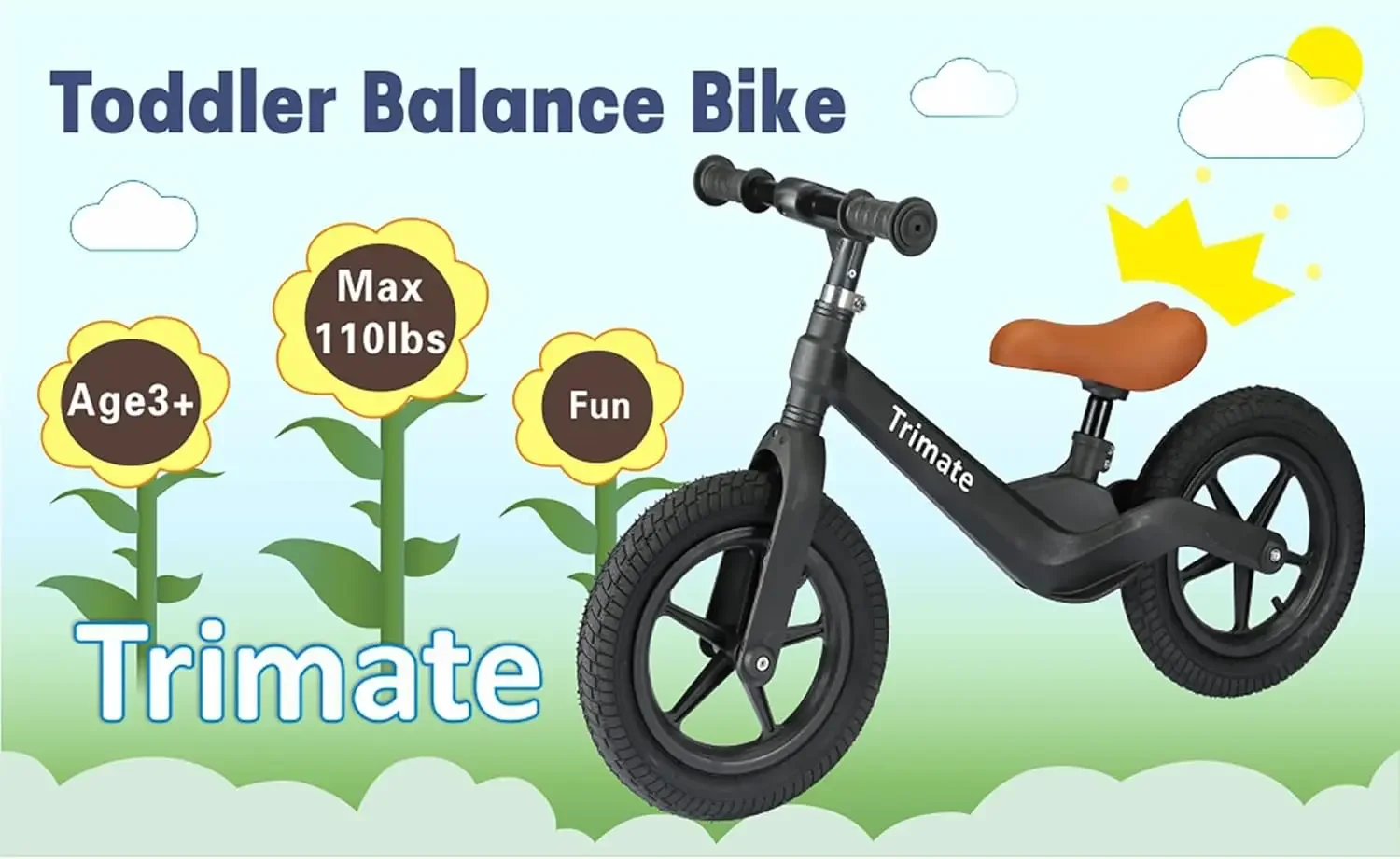 Toddler Black Balance Bike, sem pedal Sport Bike para 3 a 5 anos de idade, 12 "pneu inflado, para meninos e meninas com costura, 16" a 21"