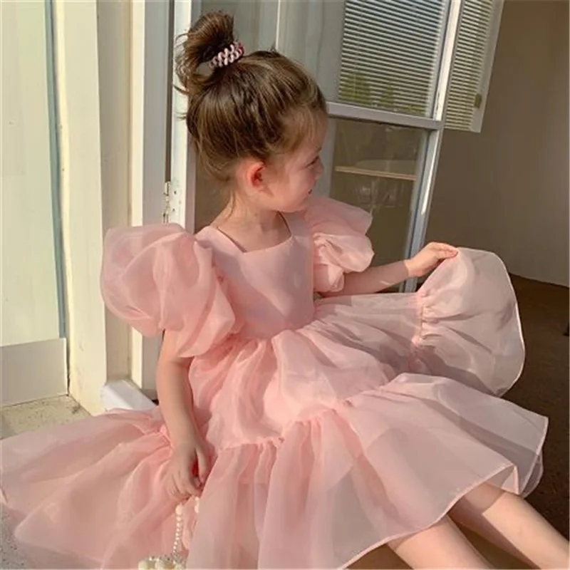 2024 New Girls Princess Tulle Dress Kids Puff Sleeve Mesh Dress Children Birthday Party Ball Gown Dresses Summer Elegant Vestido