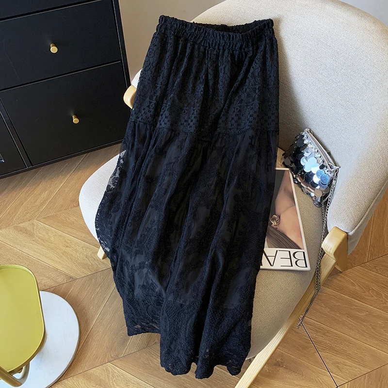 Women's White A-line Lace Skirt Vintage 90s Aesthetic Y2k Long Skirt Harajuku Kawaii Skirts 2000s Cutecore Clothes Summer 2025