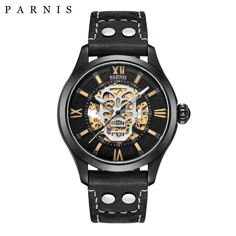 Fashion Parnis 42mm Black PVD Case Mechanical Luminous Men Watches Skull Design Sapphire Glass Men Automatic Watch reloj hombre