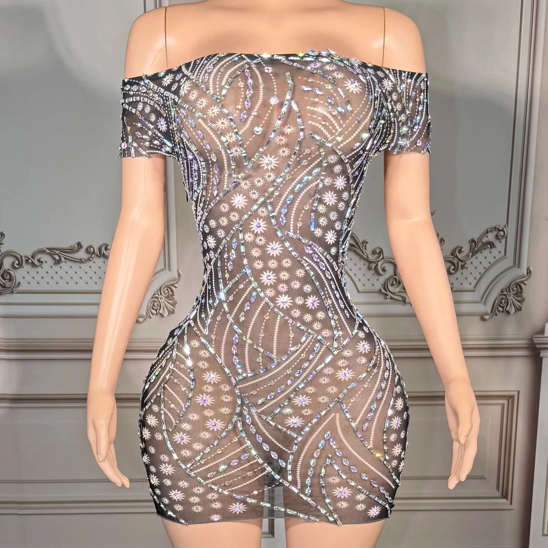 

ZD Luxury Clothing Beaded Big Diamonds Mesh Sexy Mini Dresses Women Elegant Sleeveless Rhinestone Club Dress Party