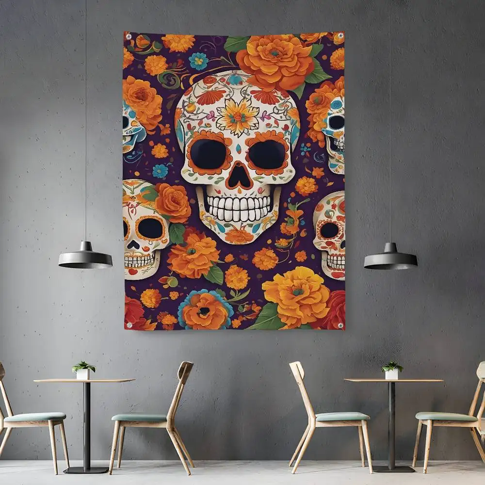 

Mexico Day Of The Dead Skull Flag Room Bedroom Home&Outdoor Wall Hanging Concert Printed Background Decoration Art Banner