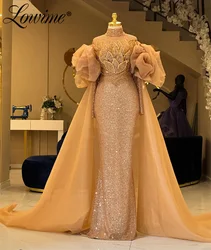 2024 Dubai Aso Ebi Prom Dresses Mermaid Long Sleeves High Neck Formal Evening Gowns 3D Leaf Party Dress Robe De Soiree Customize