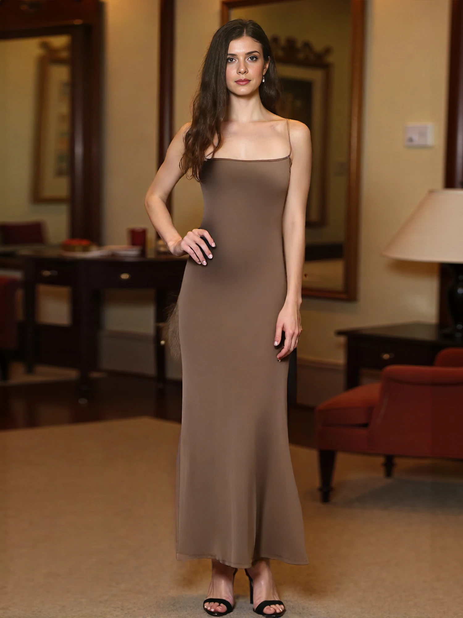 فستان كامي نسائي بلون سادة بدون أكمام وحزام سباغيتي فستان طويل للحفلات الصيفية #5