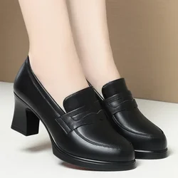 Fashion Comfortable Black Soft Leather Shoes Deep Mouth Spring  Block Heels Shoes Women for Office Mom Model Versatile2025