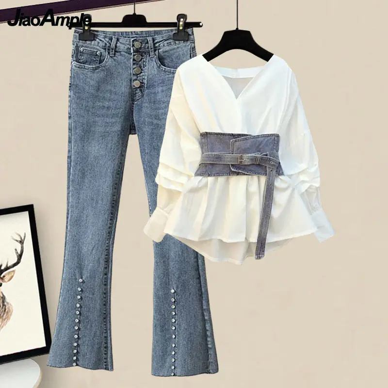 Women\'s Spring Suit 2024 New Fashion Waistband Shirt Jeans Two Piece Korean Elegant Chic Blouse Top Denim Pants Matching Set