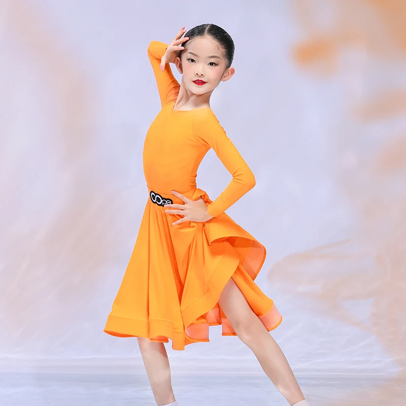 8 Colors Girls Latin Dance Dress Kids Cha Cha Competition Clothing Long Sleeves Training Practice Dress Samba Show Dress BL8512