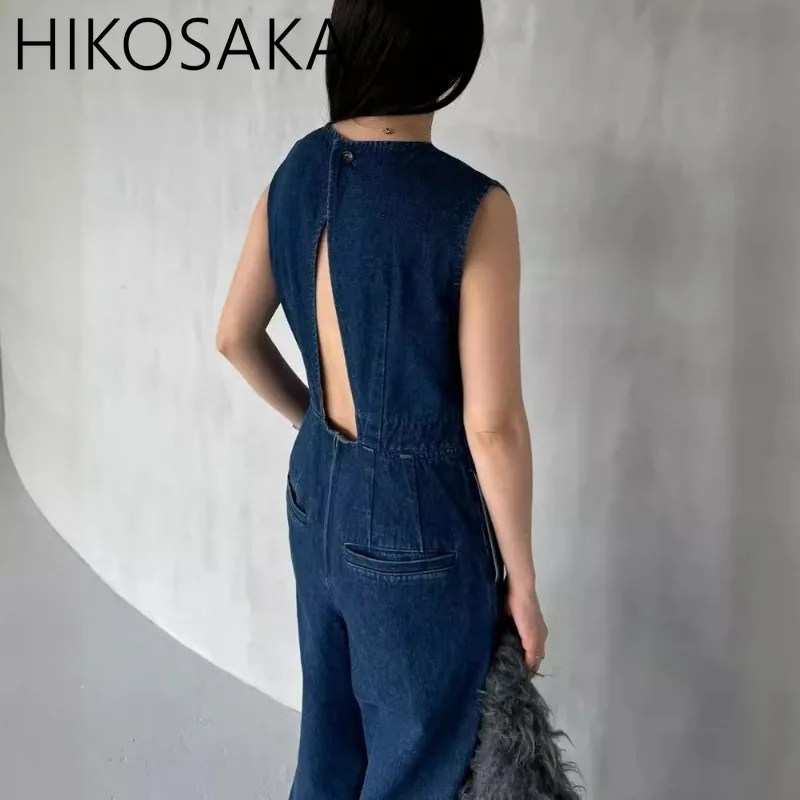 Sexy Feminino Backless Denim Jumpsuit Women O-neck Sleeveless Elegant Romper Mujer Moda Loose Fashion High Wasit Trousers