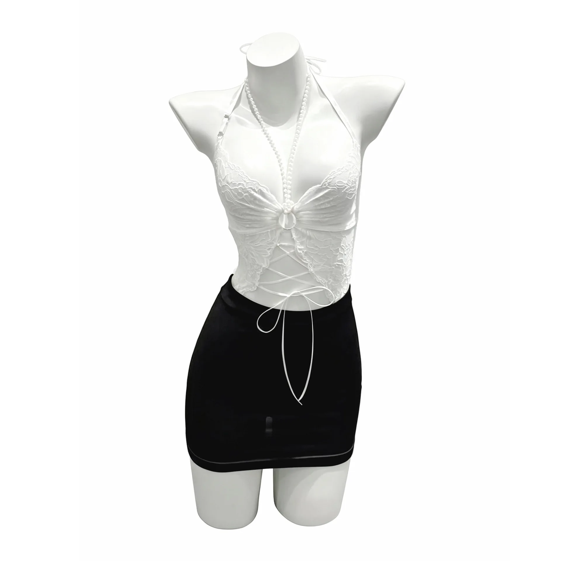 Sexy Flirtatious Halter Neck Dress Lace Straps Hollow Design Gentle OL Secretary Uniform Bodycon Dress Wrap Hip Pure Desire