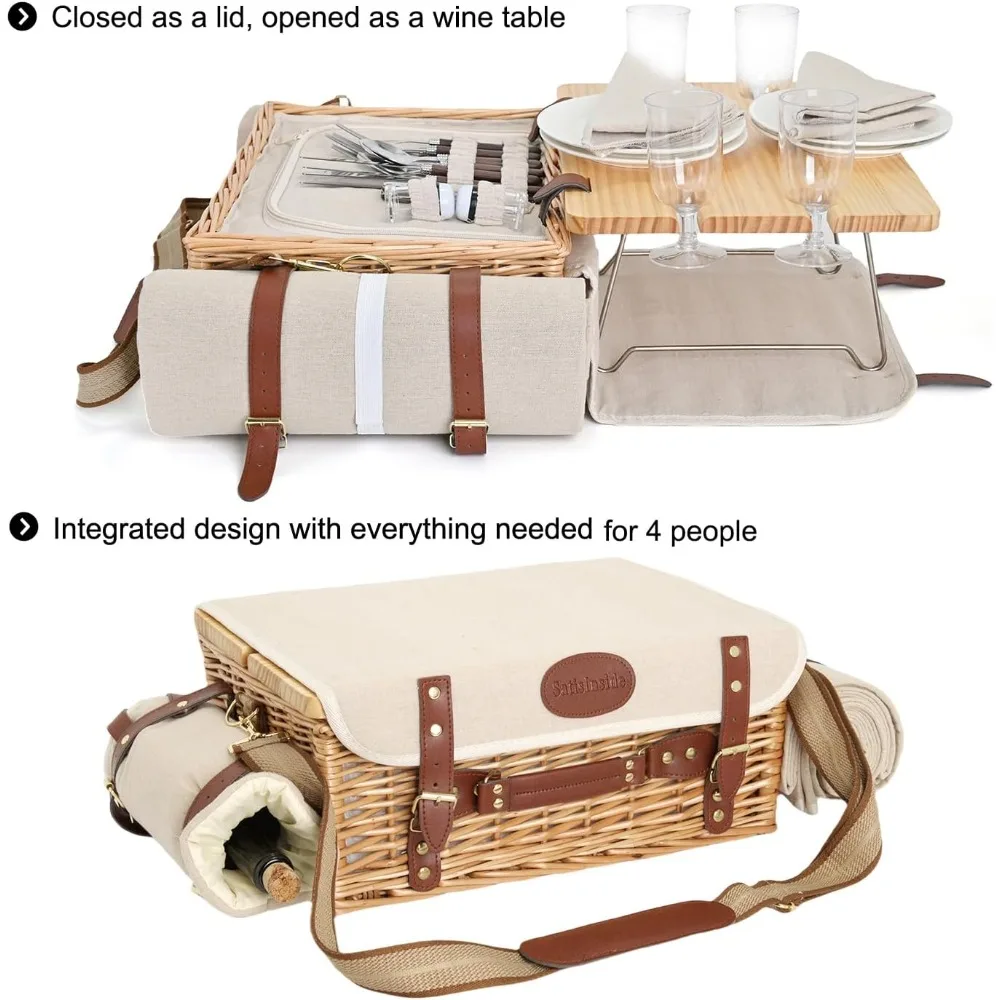 مجموعة سلة نزهة من الخيزران تتسع لـ 4 أشخاص مع بطانية معزولة وطاولة قابلة للفصل وأدوات مائدة كاملة للتخييم للأزواج في الهواء الطلق