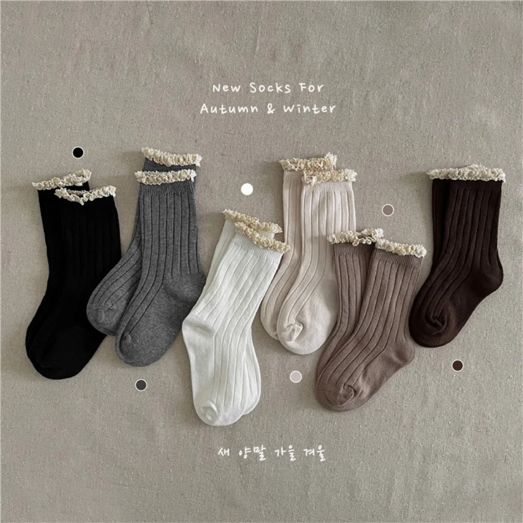 

2025 Children Socks Girls Baby Cotton Ruffle Trim Crew Socks 3-12Y Combed Cotton Seamless Princess Style Mid-Calf Socks for Kids