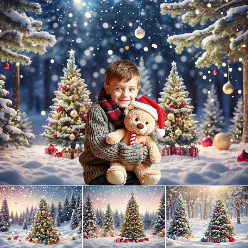 

MOON.QG Snowy Christmas Photo Background Red Gifts Forest Xmas Trees Backdrops For Photography Photobooth Party Supplies Poster
