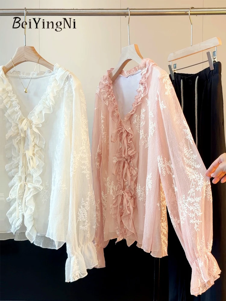 

Beiyingni French Embroidery Women's Blouses Elegant Luxury Long Sleeve Shirts for Woman Autumn Casual Lace Up V-neck Tops 2026