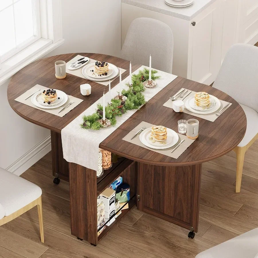 3-in-1 Folding Dining Table with Wine Rack and Cup Holder Lockable Casters, Drop Leaf Oval Folding Kitchen Table for Small Spac