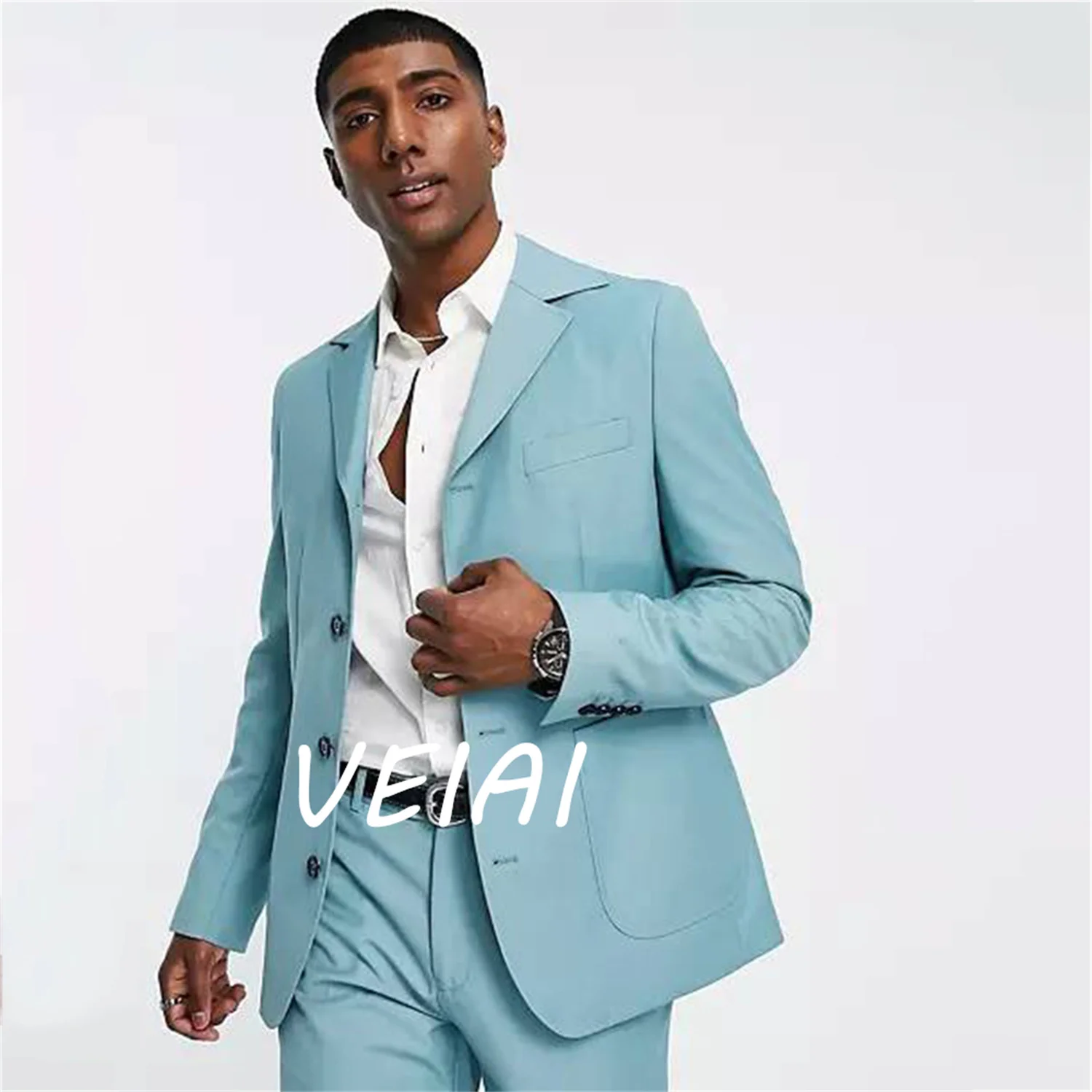 

CustomizedSky Blue Men Suit Slim Fit Groom Tuxedos Four Button Tailored Made 2 Pieces Suit Set Blazer Jacket Pants Costume Homme