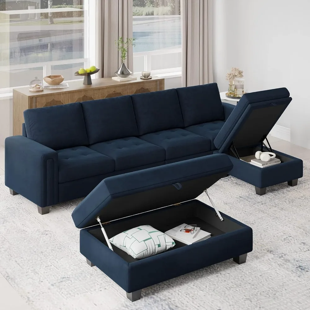 Velvet convertible 4-seater split sofa with reversible chaise longue L-shaped sofa furniture set with storage ottoman