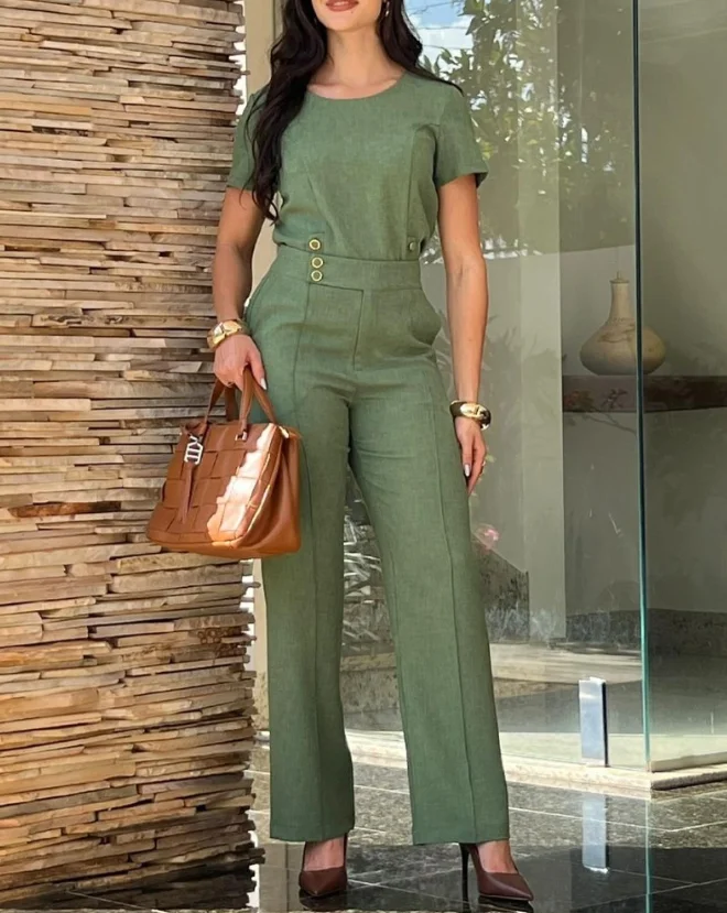 

Two Piece Set Women Outfit 2025 Summer New Solid Color Round Neck Short Sleeve Top & Casual High Waist Pants Set with Pockets