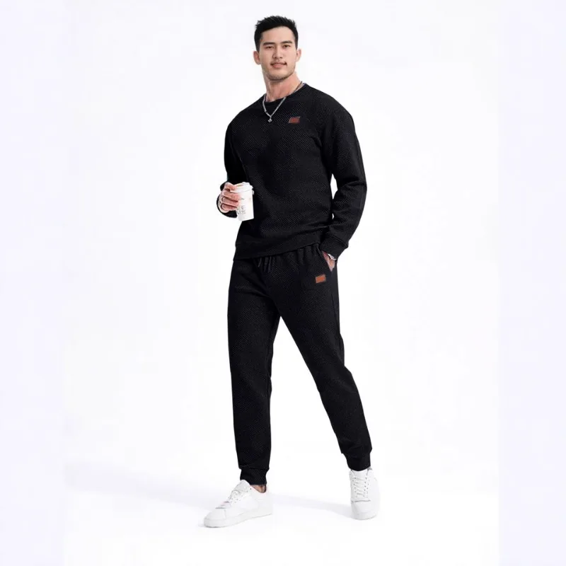 الربيع والخريف البلوز الرجال الرياضة عارضة بلون جولة الرقبة سترة جاكار قطعتين مجموعة