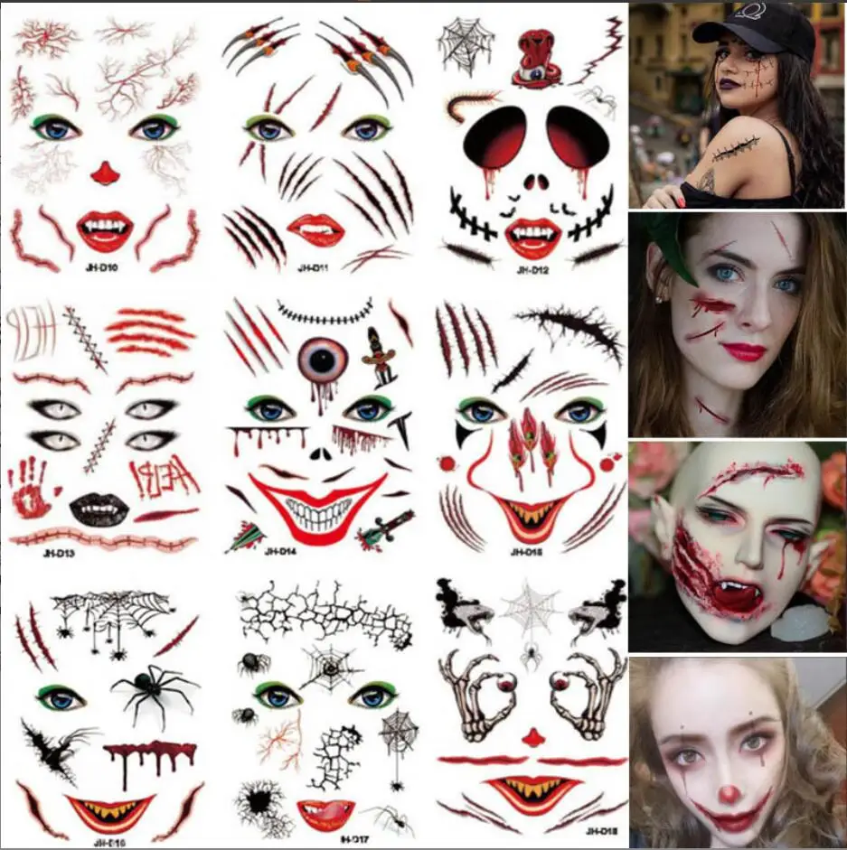 Halloween clown face stickers personality scar face stickers bloodstain face decoration cosplay scratches temporary tattoo T2274