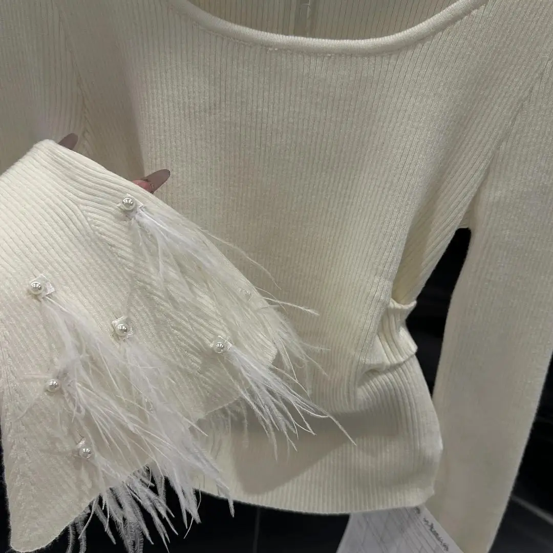 French Gentle Style Versatile Heavy Industry Beading Feather Bell Sleeve Bottoming Shirt for Women Autumn and Winter Sweet Top