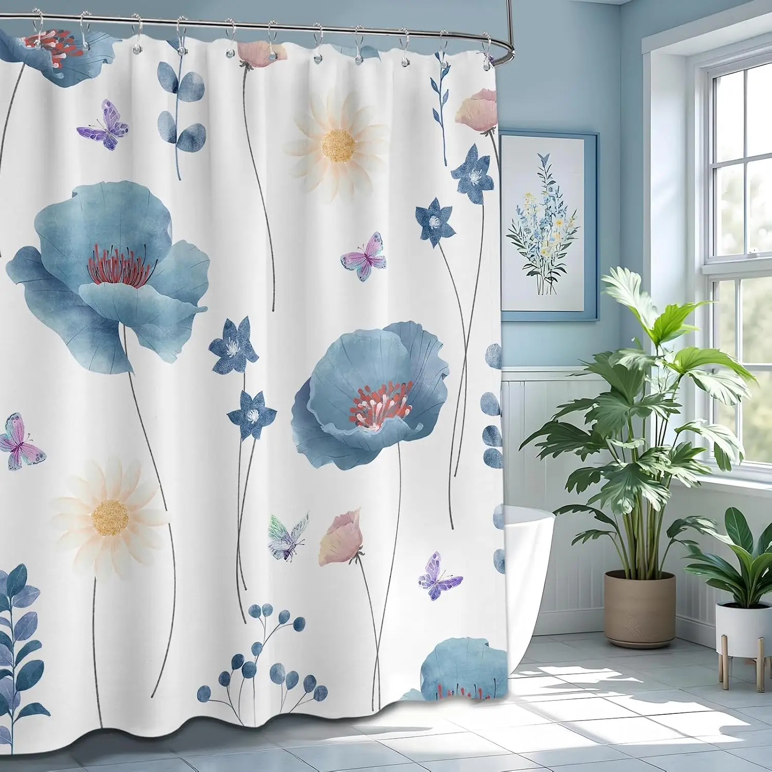 Waterproof Floral Shower Curtain Poppies Butterflies Watercolor Boho Bathroom Decor Shower Liner Curtain Vanity Storage Curtain