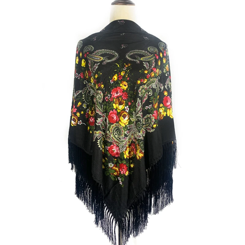 135*135cm Russian National Scarf Women Fringed Big Square Shawl Luxury Floral Print Bandana Handkerchief Sunshade Travel Scarves