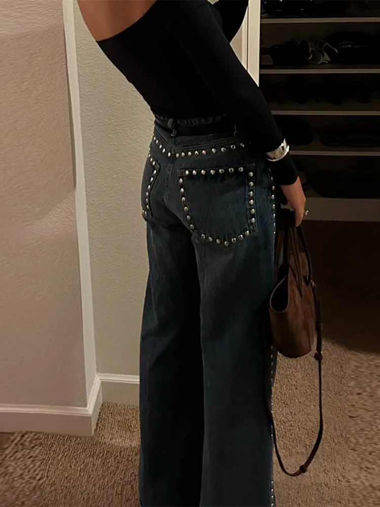 

Vintage Bead Jeans For Women Chic High Waist Zipper Pockets Female Long Straight Trousers Spring Summer Lady High Street Pants