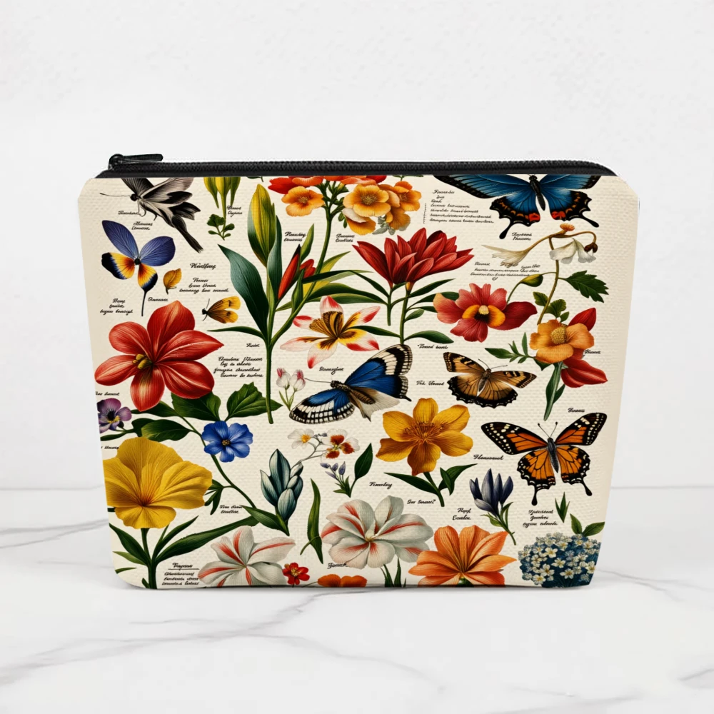 Floral Butterflies Botanical Vintage Print Makeup Bags for Girls Cosmetic Pouch Toiletry Bag Pencil Case Travel Storage