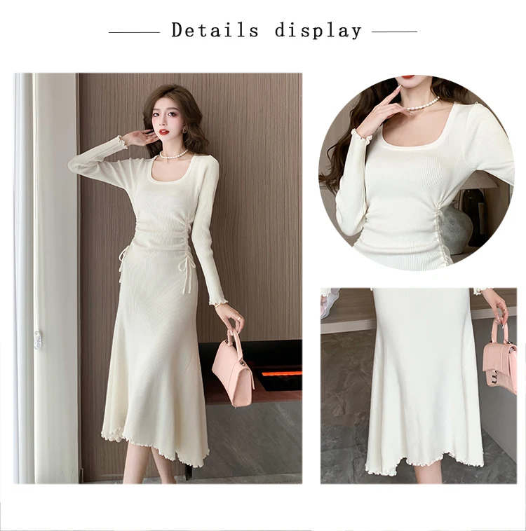 Chic Draw String Women Knit Sweater Dress Sppring Autumn Square Collar Long A Line Ladies Elegant Knitted Solid Pullover Dresses