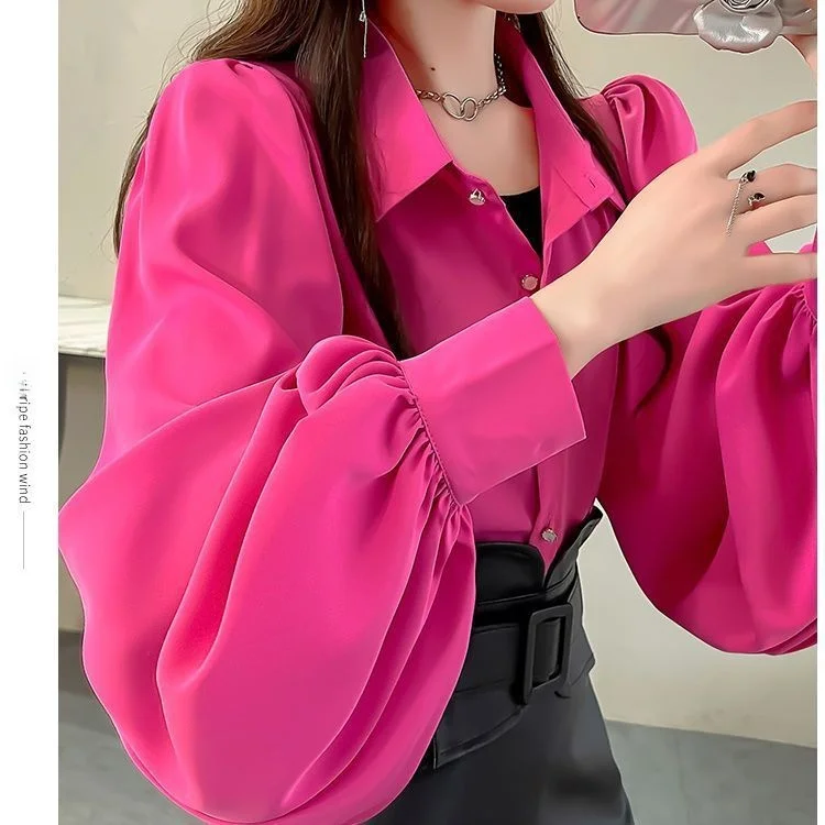 

Spring 2025 Women's Pure Color irt with Collar Lantern Sve Design Breathable Long Sve Casual Faion Top