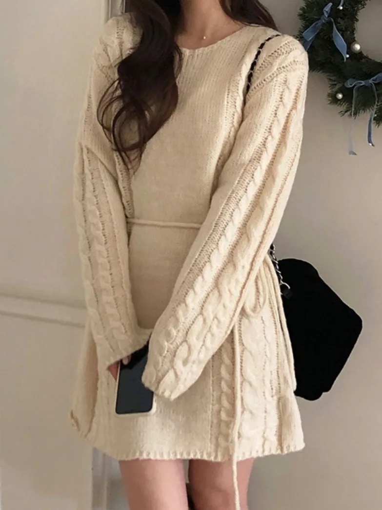 달콤한 니트 패치워크 사이드 스트라이프 허리 조임 스웨터 여성 패션 한국 스타일 겨울 신상 캐주얼 스트리트...