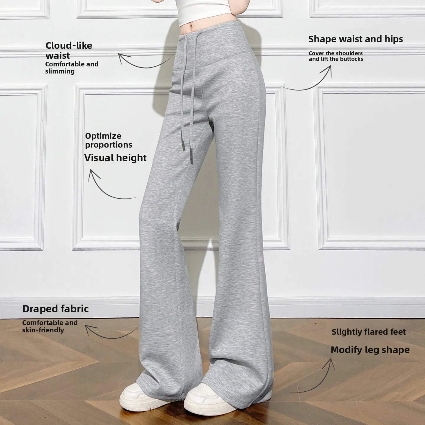 2026 New Grey High Waist Flared Yoga Pants Drawstring Casual Sweatpants for Women Spring Summer