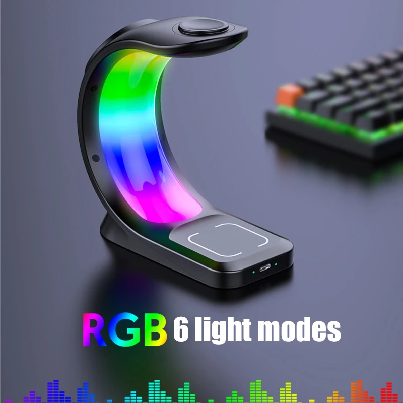 3 in 1 RGB Light Wireless Charger Stand For iPhone 12-14 Series/iWatch/Airpods 15W Fast Charging Multifunctional Night Light