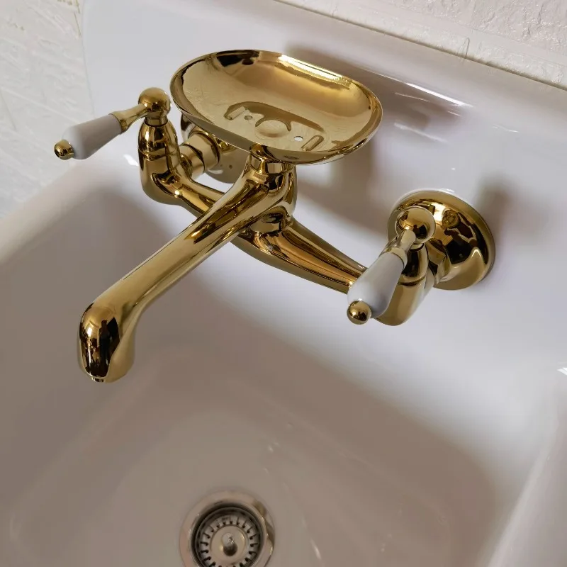 Wall outlet double-hole wash basin faucet, retro wall kitchen full copper