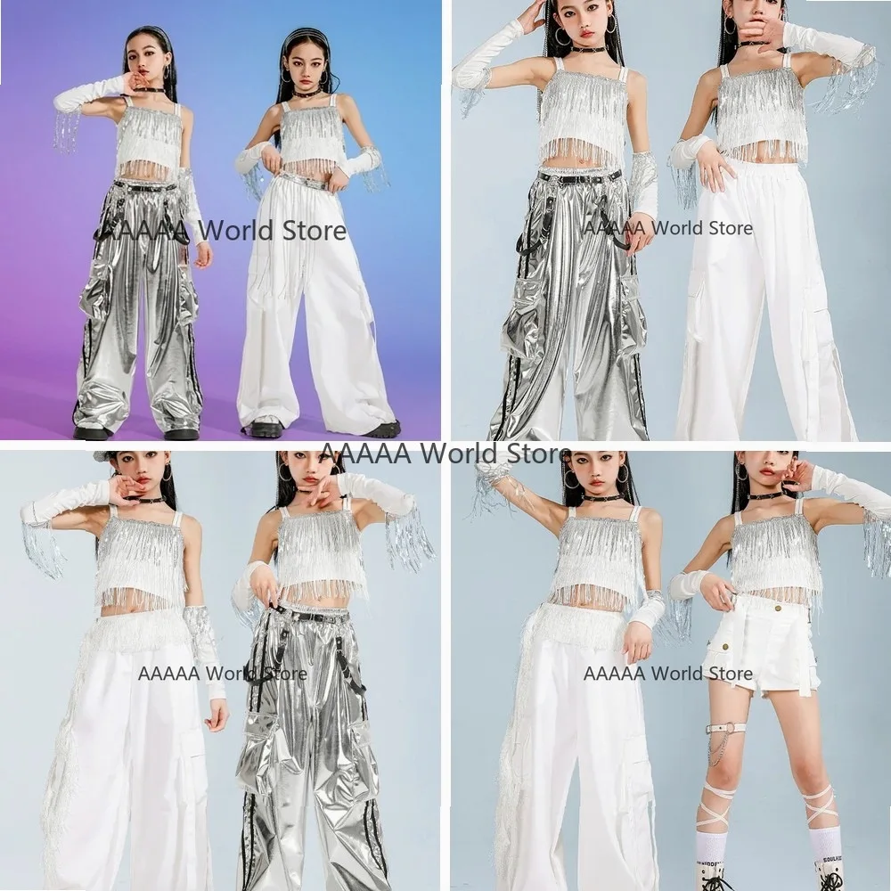 

Cosplay Hip Hop Clothing Set Girls Crop Top Sequined T-shirt White Pants Shorts Kids Jazz Dance Streetwear