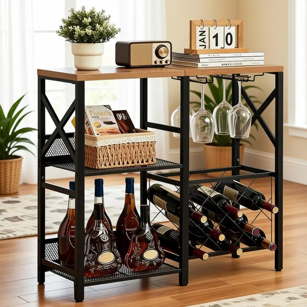 

Rustic Standing Wine Rack with Glass Holder, 2-Tier Storage Bar Cabinet for Home, Brown