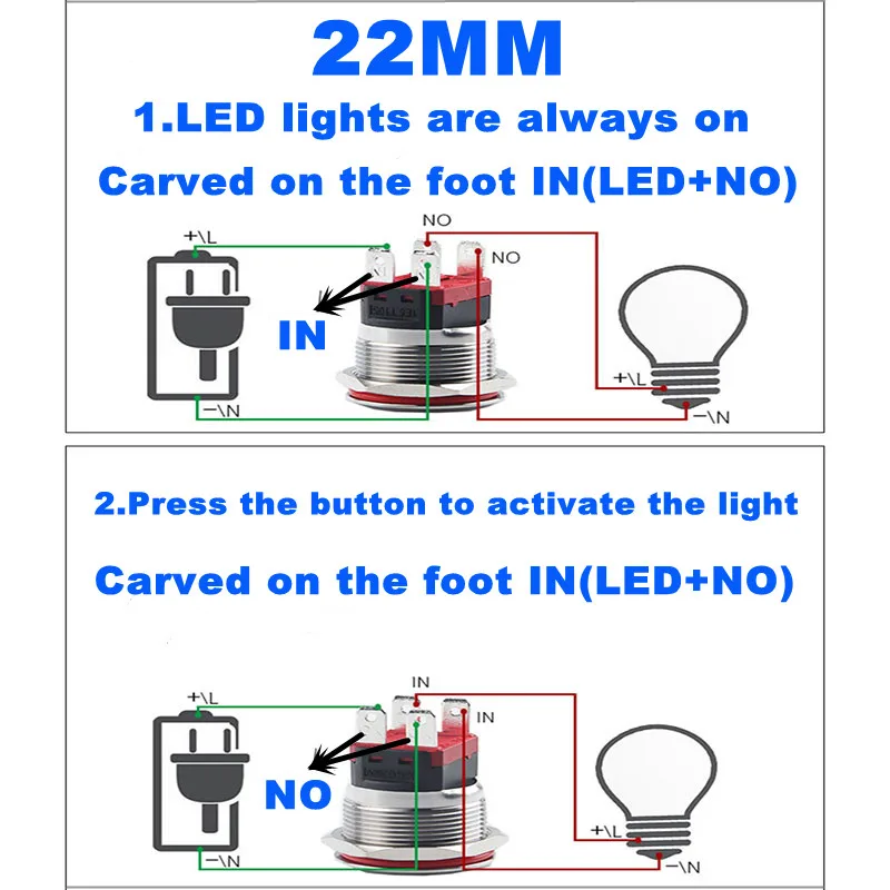10A15A20A heavy current metal button switch 16 19 22mm automotive refit self-locking reset LED lamp start stop switch 12V24V220V