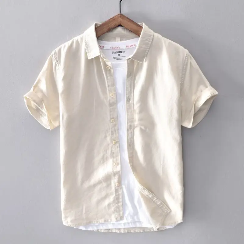 Breathable Linen Shirt Men's Short-sleeved Slim Bodysuit Thin Lapel Youth Casual White Shirt