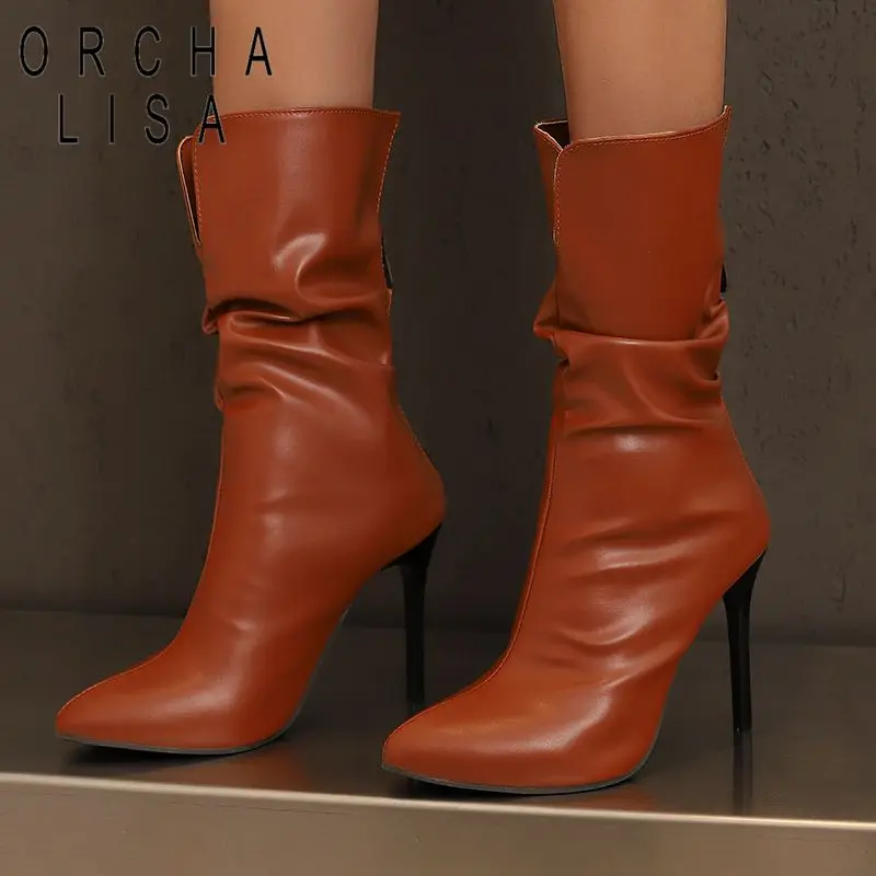 

ORCHA LISA Сексуальные женские сапоги до середины икры с острым носком, тонкие высокие каблуки 10 см, молния сзади, большой размер 46 47 48 ORCHA LISA для свиданий, зима