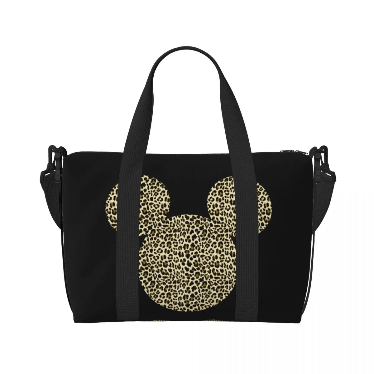 Custom Mickey Mouse Leopard Print Fill Tote Bag Women Large Capacity Gym Beach Shoulder Travel Bag